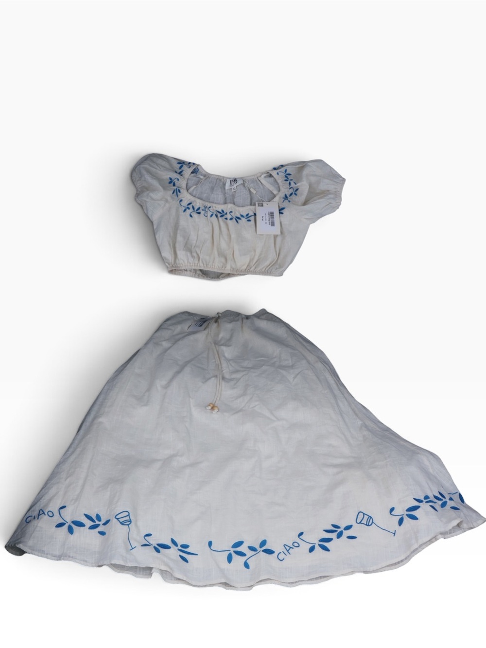 Indi Luxe by Indikah Ciao Embroidered Two Piece Set Crop Top Skirt XS re NWT